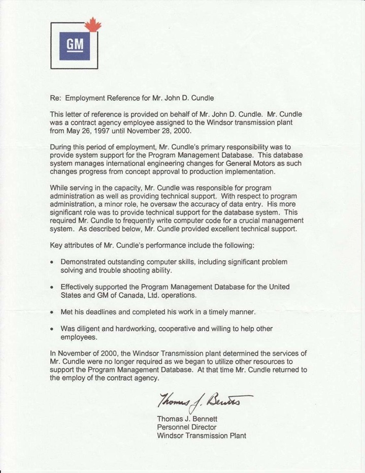 General Motors Reference Letter