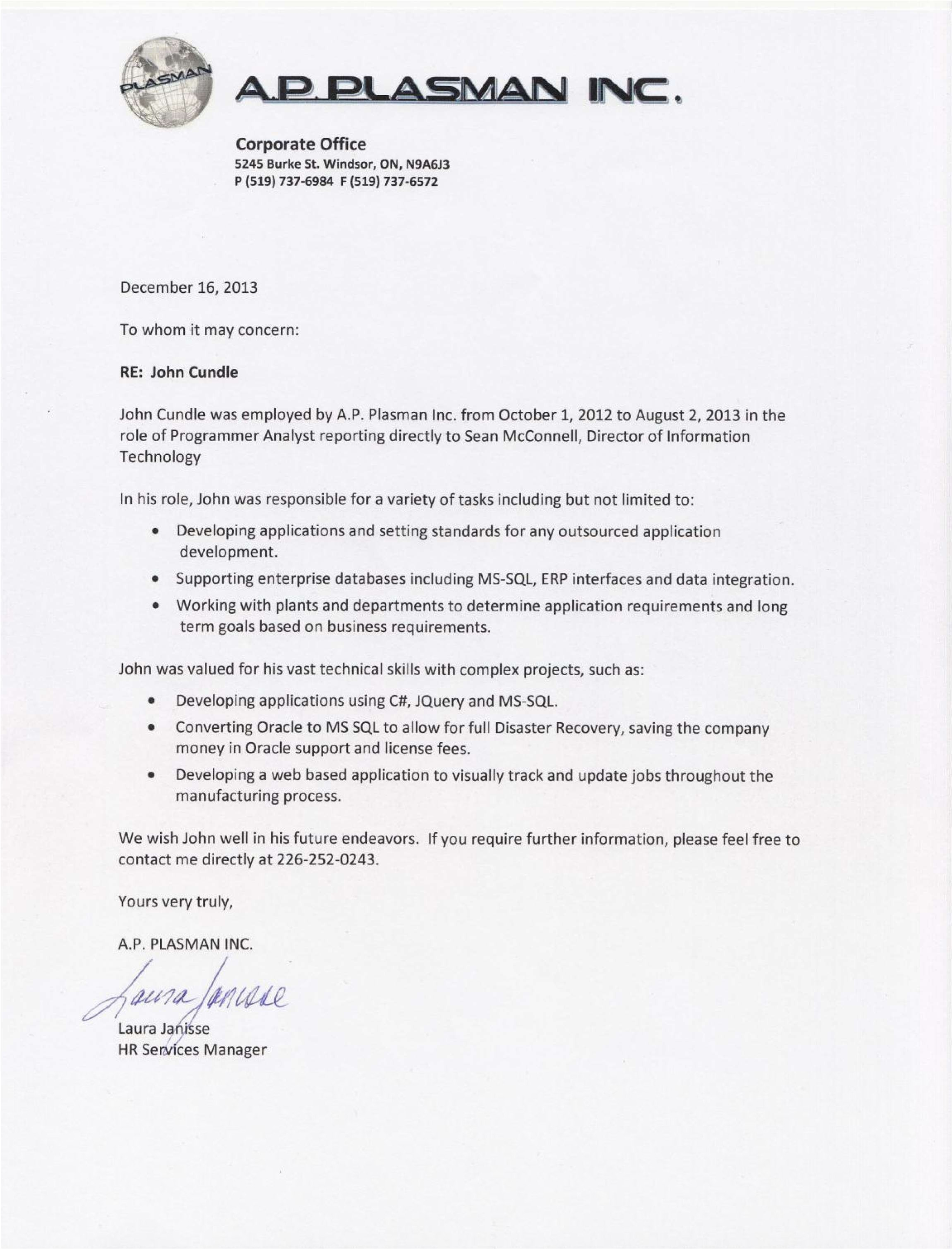 AP Plasman Reference Letter